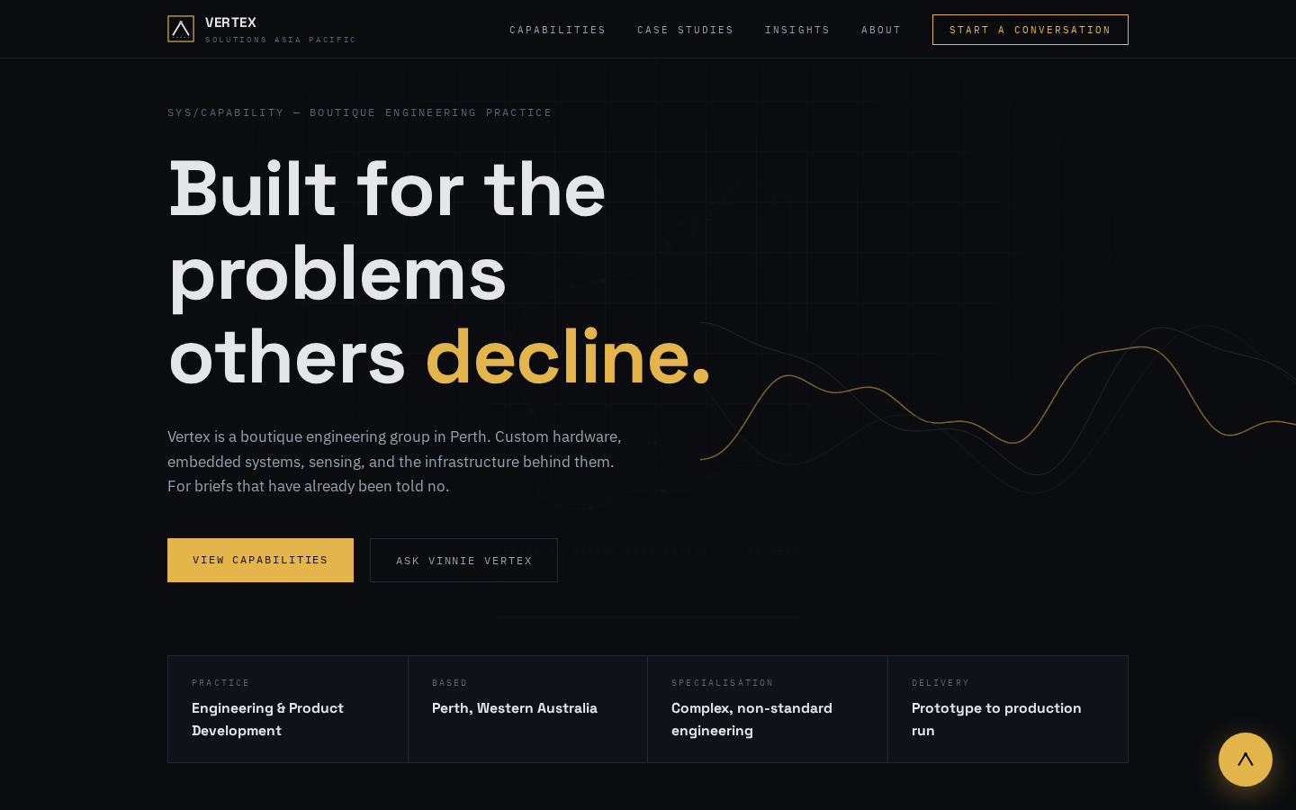 Vertex Solutions concept site, dark instrument theme with amber signal accents